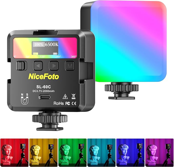 RGB Video Lights, Portable LED Camera Light with 3 Cold Shoe | 2500K-9000K, CRI 96+, 18 Scene Modes, 2000mAh Rechargeable, Magnetic, 1/4 Screw, for Photography, Vlogging, Content Creator ﻿ by NiceFoto