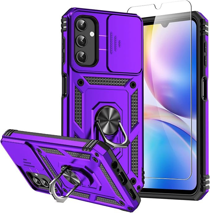 for Samsung Galaxy A14 5G Case with Screen Protector & Camera Lens Cover, [Military Grade] 16FT Drop Tested, Magnetic Kickstand Rugged Shockproof Protective Case for A14 5G, Purple by SKMY