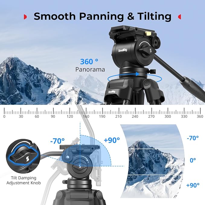 SMALLRIG 73''/185cm Carbon Fiber Heavy Duty Video Tripod, Max Load 10kg (22lbs), Fluid Head with +85° to -78 Tilt Range, Compact Camera Tripod Weight 2.7kg(6lbs), Folded Height 87cm, AD-14 - Image 4