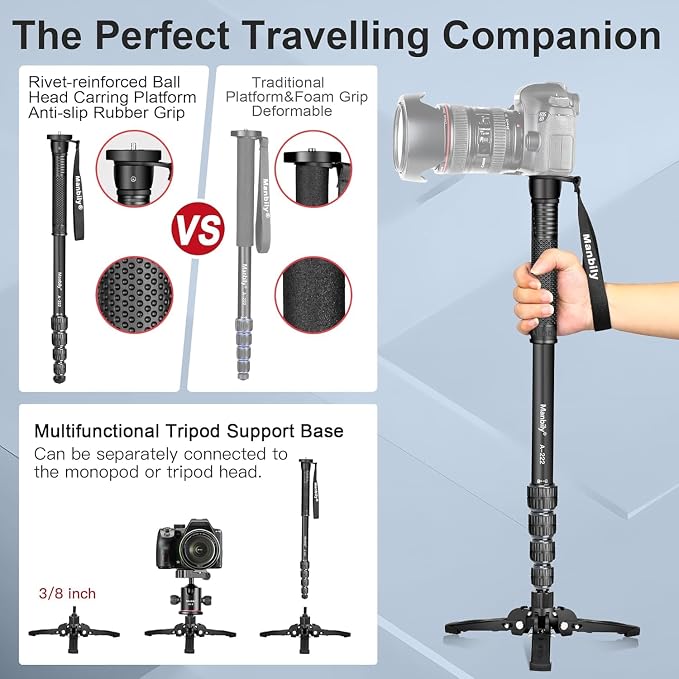 Monopods for Cameras with Feet, 5 Sections, 67'', Max Load 15.43lb, Camera Monopod Extendable Portable Travel Aluminum for DSLR Canon Nikon Sony Video Camcorder (A-222 Grey) - Image 2