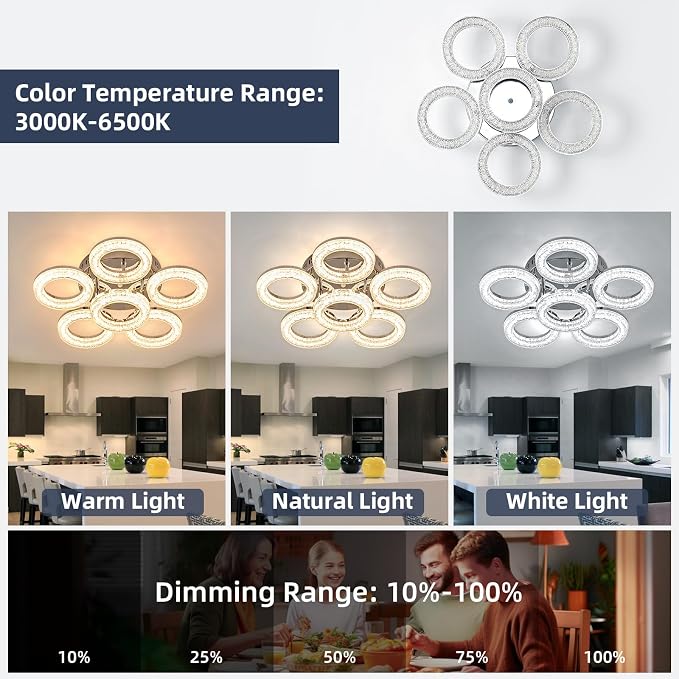 Modern Ceiling Light, 6 Rings 17.7'' Dimmable LED 60W Flush Mount Ceiling Lights with Remote Acrylic Crystal Round Ceiling Light Fixture, Bedroom Living Room Dining Room, Chrome - Image 2