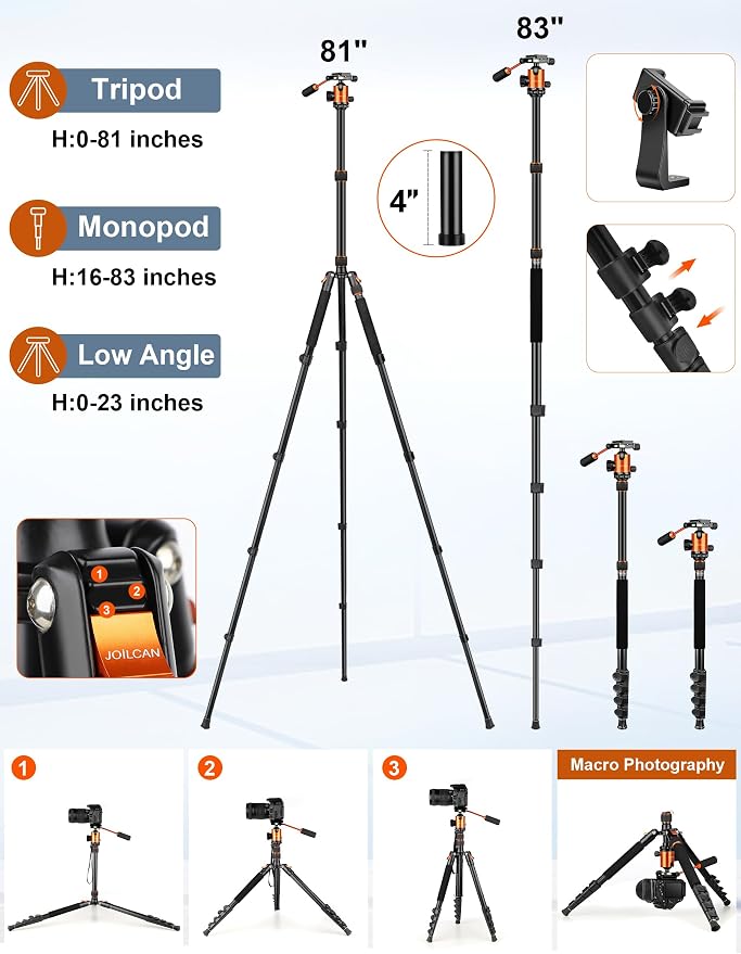 83" Camera Tripod, Aluminum Tripod Monopod for DSLR Phone | Heavy Duty Travel Tripod for Spotting Scope Binoculars Telescope Camcorder, 360° Ball Head, Max Load 35Lb - Image 7