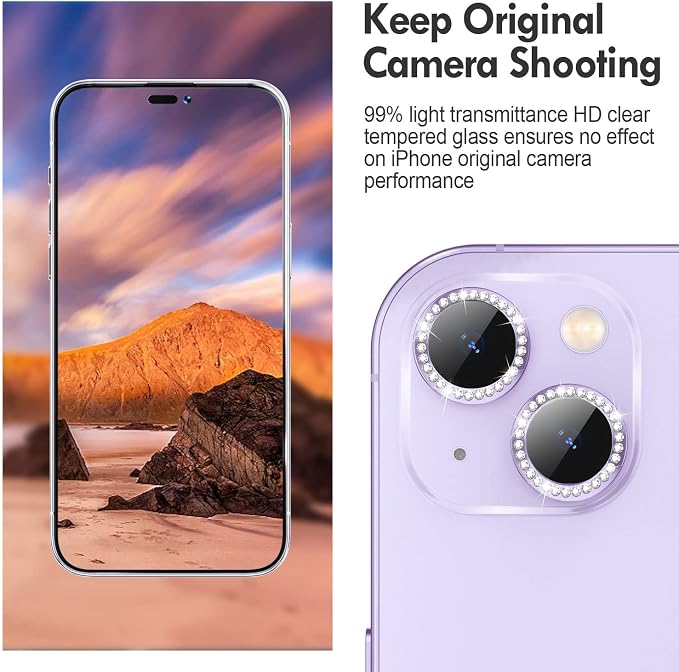 for iPhone 14/14 Plus Camera Lens Protector Bling Diamond, Purple | Individual Metal, 9H Hardness, Scratch Resistant, Shockproof, Drop Protection, Case Friendly, Stylish Accessories - Image 4
