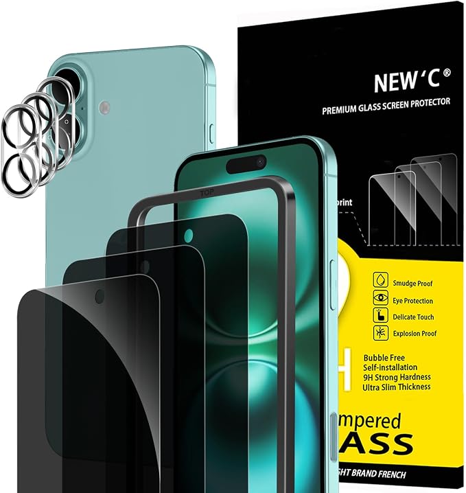 NEW'C 3x Privacy for iPhone 16 Plus Screen Protector (6.7 inches)+ 3x Camera Lens Protector, Sensor Protection, Case Friendly Tempered Glass Film + Dust Plug - Easy installation tool included by NEWC