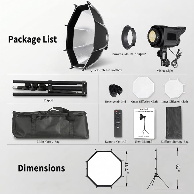 Niceveedi Softbox Lighting Kit, 2700-6500K LED Photography Lighting with 16.5” Quick-Release Softbox/Bowens Mount/Cooling System/Remote/Tripod, 90W Video Light for Video Recording/Streaming/Portraits - Image 8