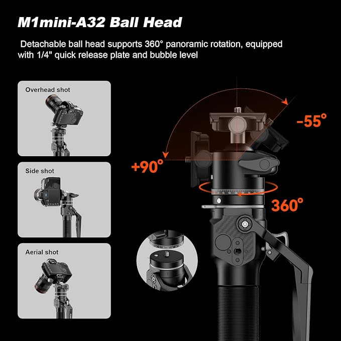 M1mini Carbon Fiber Monopod for Camera, 4-Section One-Button Lifting, Compact Portable Monopod with A32 Ball Head for Camera, Outdoor Travel Photography, Max Load 5kg, M1mini-A32 - Image 3