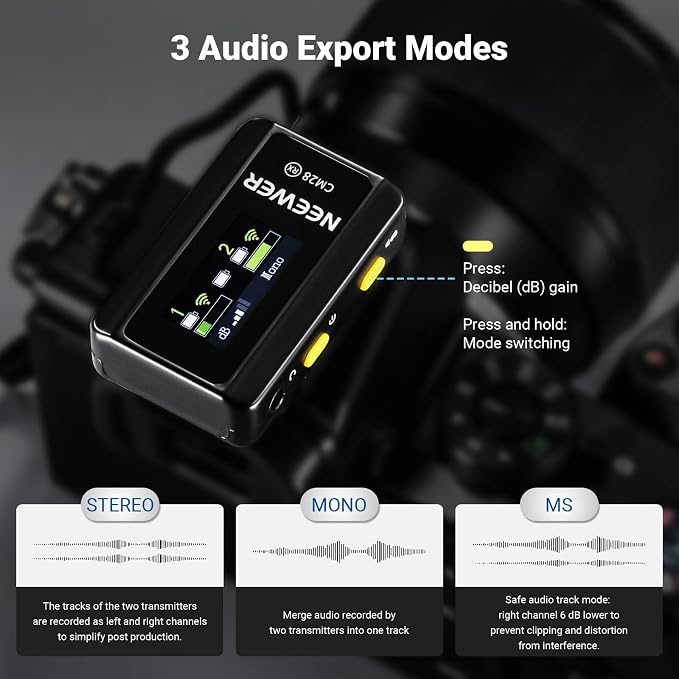 NEEWER CM28 Wireless Lavalier Microphone, Smart Noise Cancelling Lav Mic, 48KHz/16Bit 9hrs Uncompressed Recording, 200m Range, 4GB Storage for iPhone, Android, Camera, 1 RX + 2 TX + Charging Case - Image 4