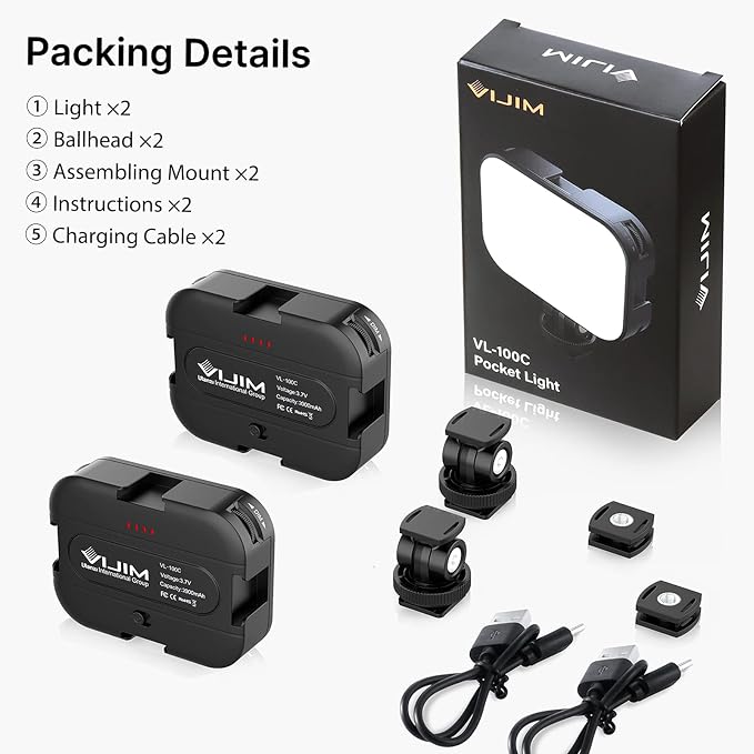 VIJIM VL100C 2 Pack Bi-Color on-Camera LED Video Light, 4 Cold Shoes CRI95 | with Dual Cold Shoe Mount Adapter, Mini Ball Head, Rechargeable 2000mAh Battery, Dimmable 2500-6500K, for DSLR Tripod Shoot - Image 9