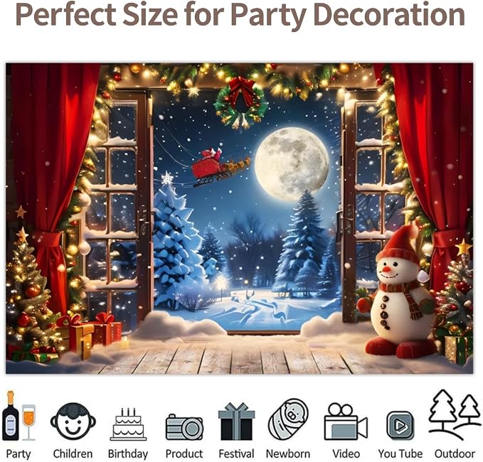 Christmas Backdrop 8x4ft Winter Full Moon Snow Pine Trees Forest Santa Claus Background Snowman Xmas Tree Party Decors Photo Booth Props - Image 4