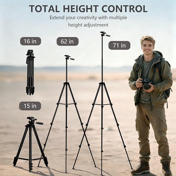 71" Lightweight Camera Phone Tripod Stand with 360° Pan Head | Portable Metal Tripod with Universal Holder,Carry Bag,Remote Control Compatible with Canon Nikon iPhone - Image 8