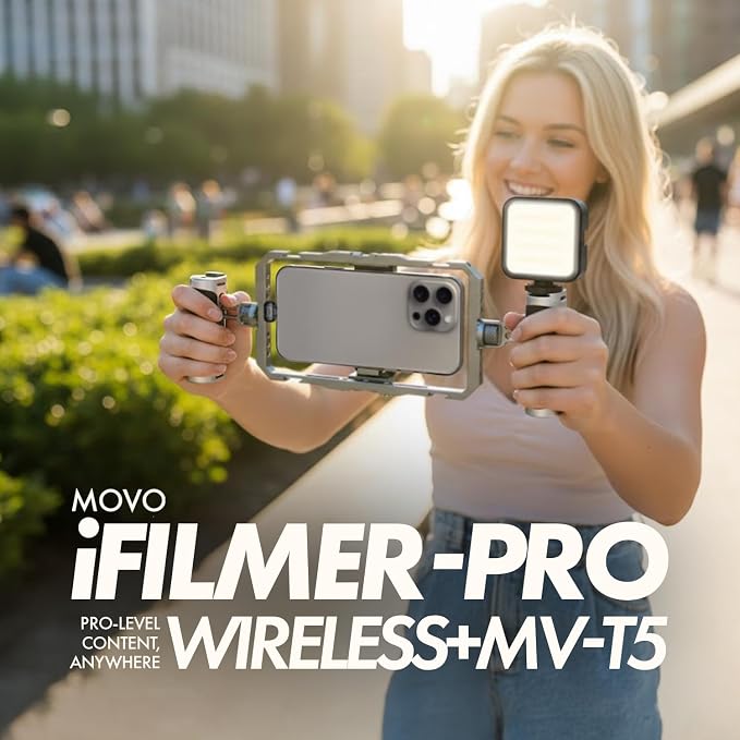 Movo iFilmer-PRO Smartphone Video Rig Kit | Stabilizer Cage with Dual Grips, Wireless Lavalier Microphones, Full Sized Tripod, iPhone/Android - Image 3