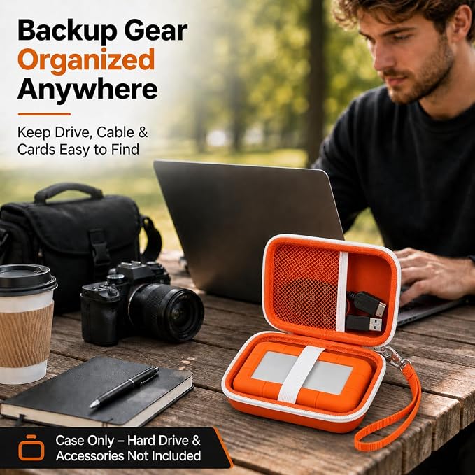 ALKOO Case for LaCie Rugged Mini 1TB/2TB/4TB/5TB External Hard Drive | Portable HDD Holder, Cable Pocket, SD Card Storage, for Photographers, Creators, Students, Office,Travel,Case Only,Tangerine - Image 8