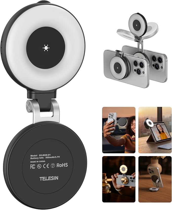 TELESIN C03 Strong Magnetic Phone Selfie Light for iPhone Magsafe | CRI97 360° LED Beauty Selfie Ring Fill Light with Mirror for Selfies/Photography/TikTok/Zoom Calls/Video Conference(Black) by telesin
