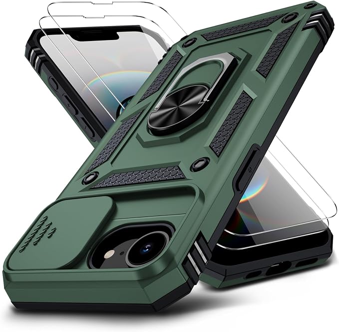 for iPhone 17e Case & iPhone 16e Case with 2X HD Screen Protector & Slide Camera Cover & Rotated Ring Kickstand, Rugged Heavy Duty Protective Phone Case for iPhone 17e/16e 6.1", Pine Green by Muntinfe