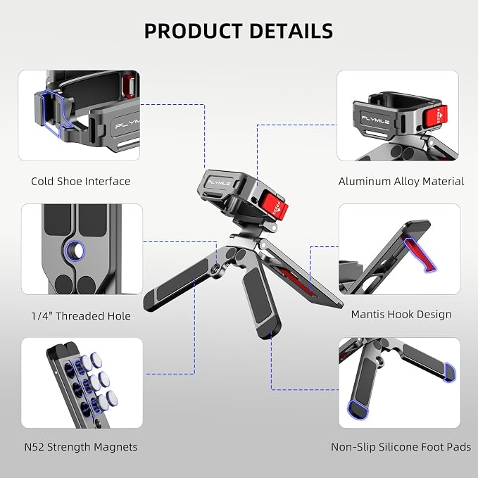 Pocket 4/3 Magnetic Mini Tripod Mount, Metal Cage Clamp Frame with Mantis Hook Stand, Cold Shoe＆ 1/4" Screw for DJI Osmo, 180° Adjustable Expansion Adapter Holder for Xtra Muse Accessories - Image 8