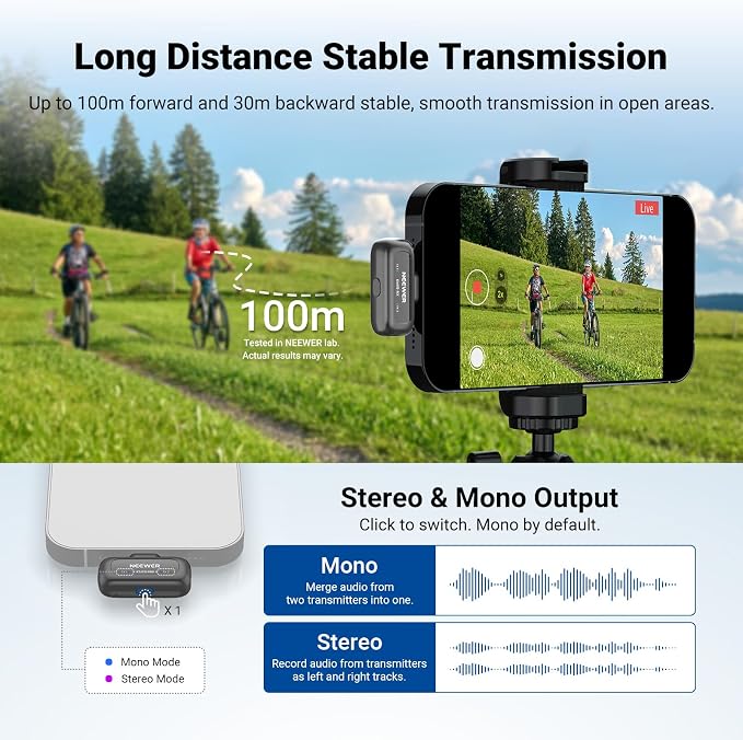 NEEWER KM19 Wireless Lavalier Microphone Compatible with iPhone 17 16, Gray | Compatible with iPhone Android & PC, Mini Lav Mic, App Control, 3 Level Noise Cancelling, 30h Battery, 100m, Video Recording - Image 8