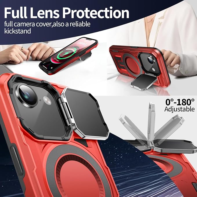 Camera Stand Case for iPhone 16E / 17E, [Compatible with Mag Safe] [Lens Cover] 2024 Version Military Grade Protective Soft Case for iPhone 16E / 17E 6.3 inch Men Women, Red - Image 3