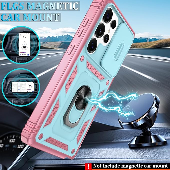 Gritup Fit for Samsung Galaxy S25 Ultra Case with Slide Camera Cover | 2 Pcs Screen Protector, Build in 360° Rotating Ring Kickstand, Military Grade Protective Phone Case, Green+Pink - Image 6