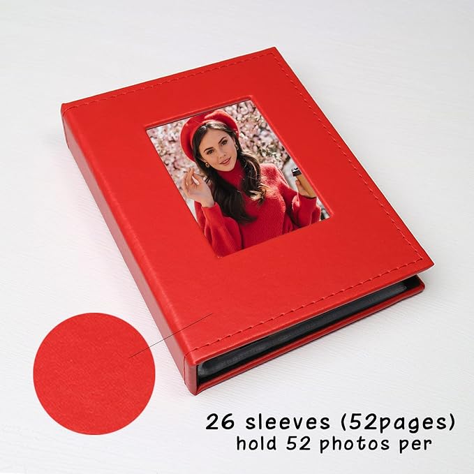 Small Photo Album 4x6, Pack of 2 Leather Photo Book, Each Mini 26-Page Album Holds 52 Photos, Art Presentation Folder for Postcards & Picture Storage Red - Image 3