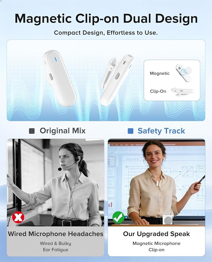 Voice Amplifier for Teachers with 2 Magnetic Lavalier Mics, White | Bluetooth Portable Rechargeable Speaker for Classroom, Meetings, Tour Guide Speeches, Public Speaking, Coaches, PA System - Image 4