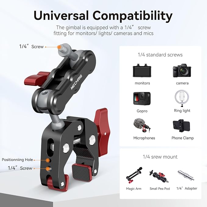 Camera Clamp Mount & 360°Ball Head Magic Arm with Adapter for Go pro, Aluminum Double Ball Head Adapters, Heavy Duty Super Clamp with 1/4"-20 & 3/8"-16 Thread -SJ008 - Image 5