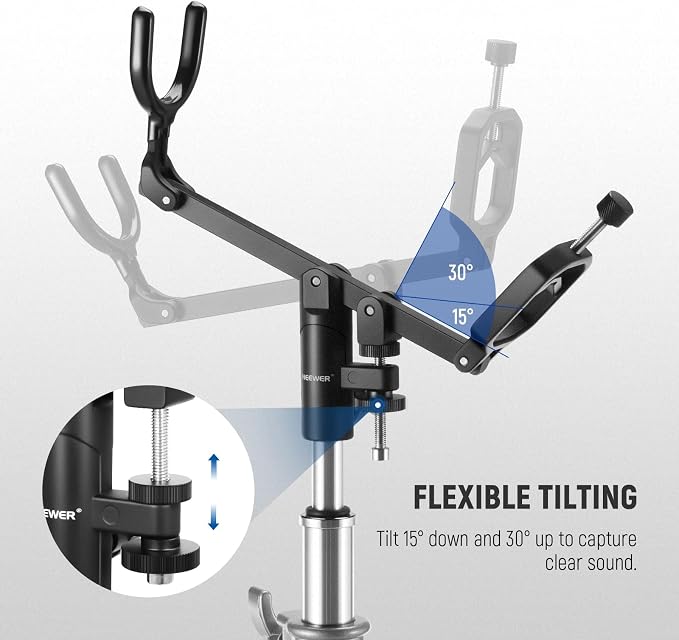NEEWER Mic Boom Pole Support Holder with 5/8" Stud for Light Stand Boom Arm C Stand, Metal Nonslip DSLR Video Microphone Shotgun Mount Adapter, -15°/+30° Tilt, Max Load: 17.6lb/8kg, CM-NA-2 | For C Stand, Metal, Nonslip DSLR Video Microphone Shotgun Mo... - Image 4