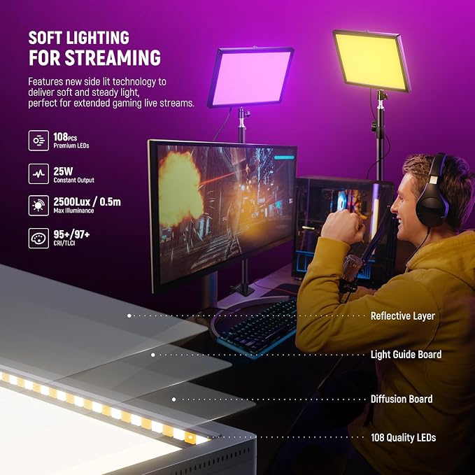 NEEWER GL25C LED RGB Streaming Key Light, APP/PC Control 25W 2500Lux/0.5m 2900K-7000K CRI95+/TLCI97+ Full RGB Dimmable Edge Emitting Silent Webcam Video Light with Desk Stand - Image 3