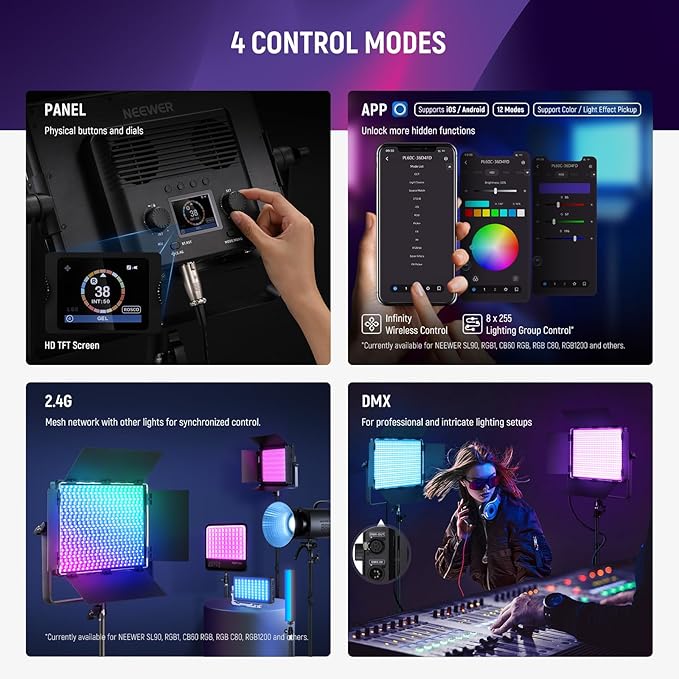 NEEWER 2 Pack PL60C RGB LED Panel Video Light Kit with 6.6ft/2m Spring Cushioned Tripod Stands/Bag, APP/2.4G/DMX Control, 60W 2500-10000K Pro Photography Studio Recording Streaming Key Lighting - Image 5