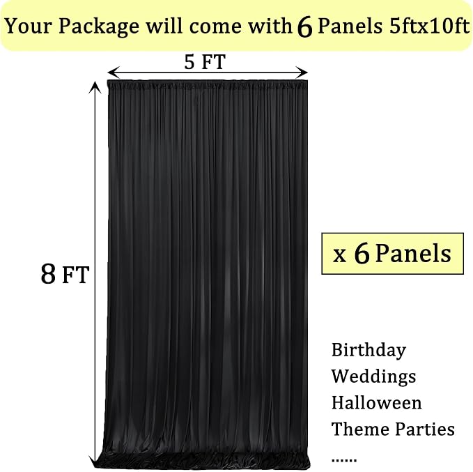30ft x 8ft Wrinkle Free Black Backdrop Curtains for Parties, 6 Panels Thick Polyester Photo Backdrop Drapes for Weddings Birthday Photography Background Curtains - Image 5