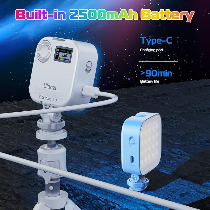 ULANZI U60 RGB Video Lights White LED Camera Light 360° Full Color Portable Photography Lighting w Quick Release Cold Shoe Adapter and Clip, 2500mAh Rechargeable CRI 95+ 2500-9000K Dimmable Panel Lamp - Image 6