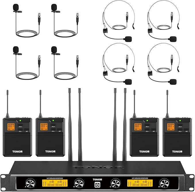 TONOR UHF Wireless Microphones System with Headset/Lavalier Lapel Mics, Bodypack Transmitter, Receiver, 4 * 10 Channels, 90 m/295ft Range for Live Singing Karaoke Church Party DJ, 4 Bodypack Mics by TONOR