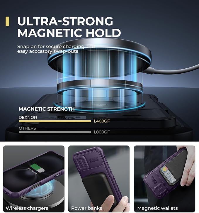 Dexnor for iPhone 16 Plus Case with Slide Camera Cover & Adjustable Kickstand, Magnetic Rugged Shockproof Bumper Cases Heavy-Duty Mangetic Protective Cover,Phantom Purple - Image 4