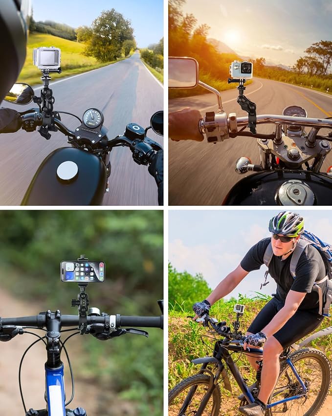 360° Dual Rotating Ball Head Handlebar Mount, Non‑Slip Support Clamp | Bike Bicycle Handlebar Action Camera Mount with 1/4" Screw, for Gopro Insta360 Tripod LED Lights Motorcycle Handlebar, Black - Image 6