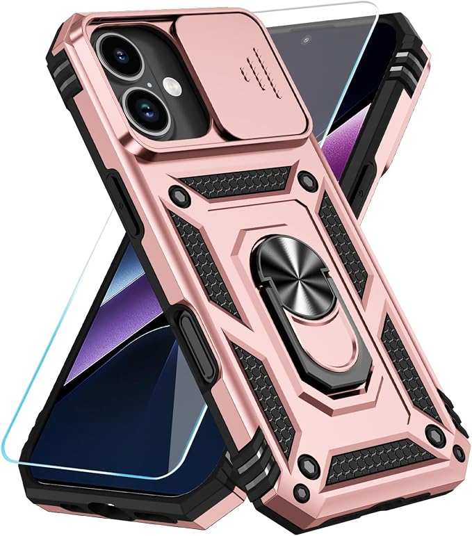SunStory Phone Case for iPhone 17 Case with HD Screen Protector & Slide Camera Cover & Rotated Ring Kickstand, [Military-Grade] Phone Case for iPhone 17, Rose Gold by SunStory