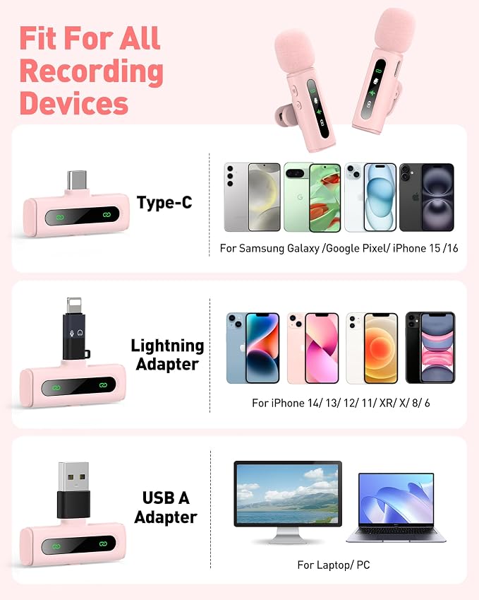 USB C Lavalier Microphone Wireless Mini Mic for Type-C Android Phone/Tablet/PC Video Recording Clip-on Mics with Rotatable Clip&Denoise Recording, Ideal for Vlog Tiktok Youtube Content Creator, Pink - Image 5
