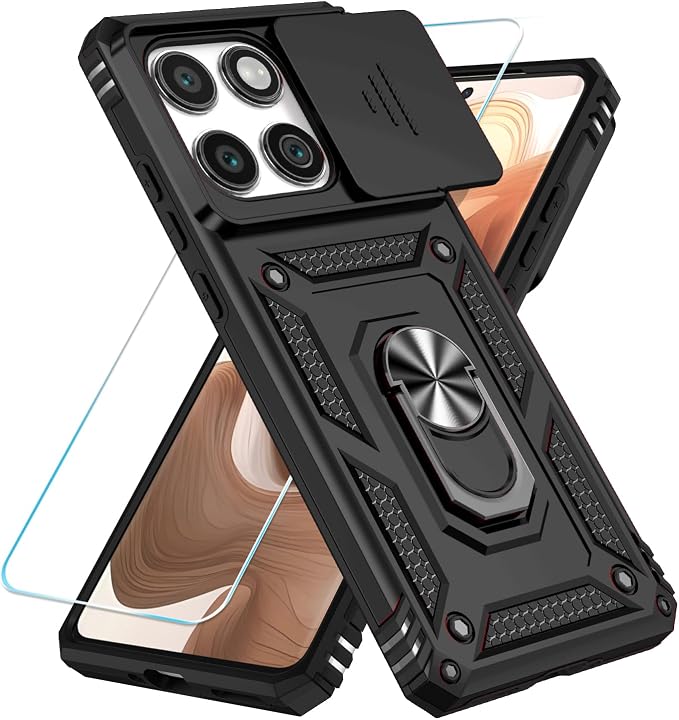 SunStory Compatible with Motorola Moto Edge 2025 Case with HD Screen Protector & Slide Camera Cover & Rotated Ring Kickstand, [Military-Grade] Phone Case for (Black, Moto Edge 2025) by SunStory