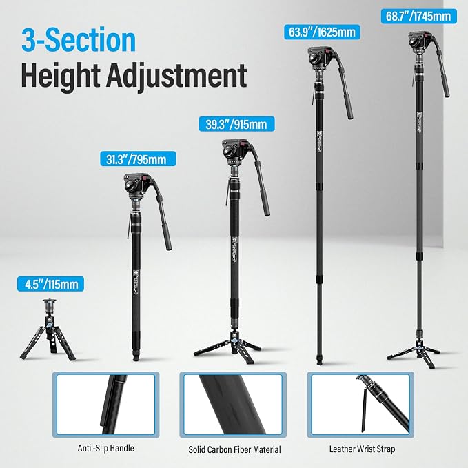 SIRUI SVM-165 Carbon Fiber Camera Monopod with Feet, 68.7" Professional Lightweight Travel Monopod with Fluid Video Head for DSLR Camera, One-Step Height Adjustment, Modular, Max Load 22lbs - Image 9