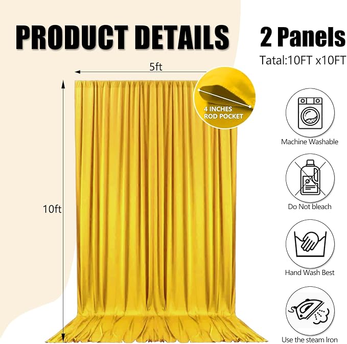 10ft x 10ft Yellow Backdrop Curtains for Parties, Polyester Fabric Backdrop Drapes with Rod Pockets for Weddings, Birthday, Photography, Mother's Day, Graduation Party Background Curtain, 2 Panels - Image 2