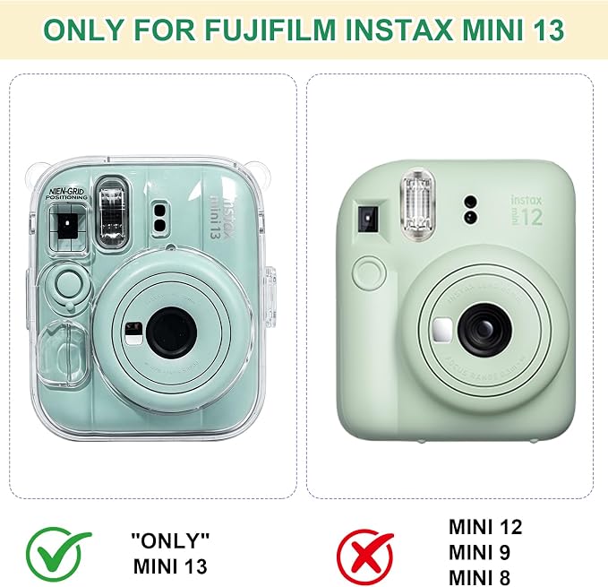 Clear Camera Case for Fujifilm Instax Mini 13, Green Camera Strap | Protective Cover with Anti-Accidental Shutter, 4 Composition Cards, Photo Storage Holds 10 Films,Clear Hard Shell, No Camera - Image 8
