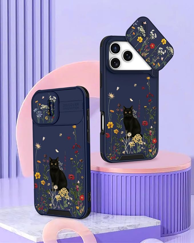 for iPhone 17 Pro Case - Women Cute Phone Cover Girly Pretty Fancy Unique Aesthetic Design Slide Camera Cover Protective Case for Apple for iPhone 17 Pro, Black Cat - Image 4