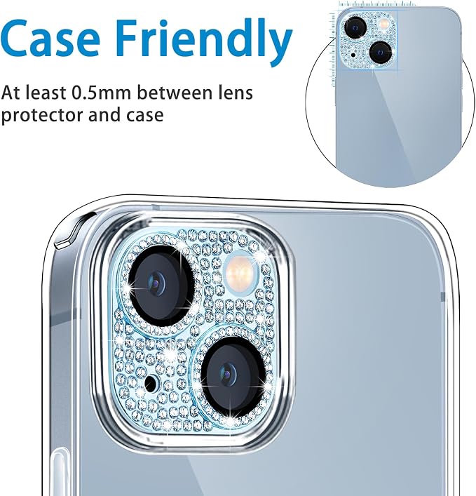 for iPhone 14 and iPhone 14 Plus Camera Lens Protector, Bling 3D Rhinestone Sparkle Diamond 9H Tempered Glass Camera Cover Anti Scratch Shockproof Lens Screen Full Protective Cover,Blue - Image 5