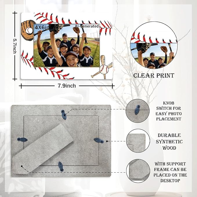 Baseball Picture Frame for 4x6 Photo, Sports Team Photo Frame with Easel Back, Baseball Decor for Desk Shelf, Gift for Players Boys Girls Team Senior Night - Image 2