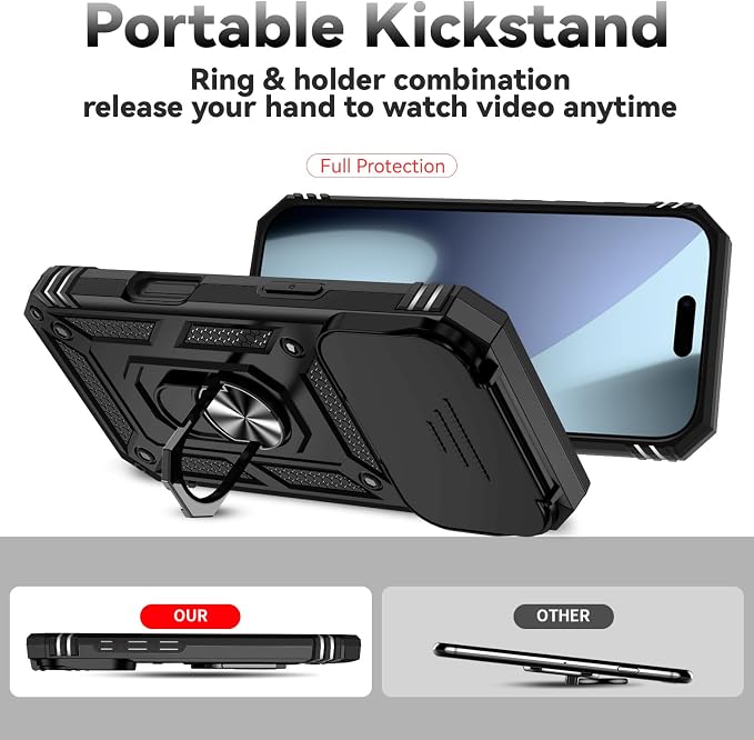 SunStory Phone Case for iPhone 17 Pro Case with HD Screen Protector & Slide Camera Cover & Rotated Ring Kickstand, [Military-Grade] Phone Case for iPhone 17 Pro, Black - Image 2