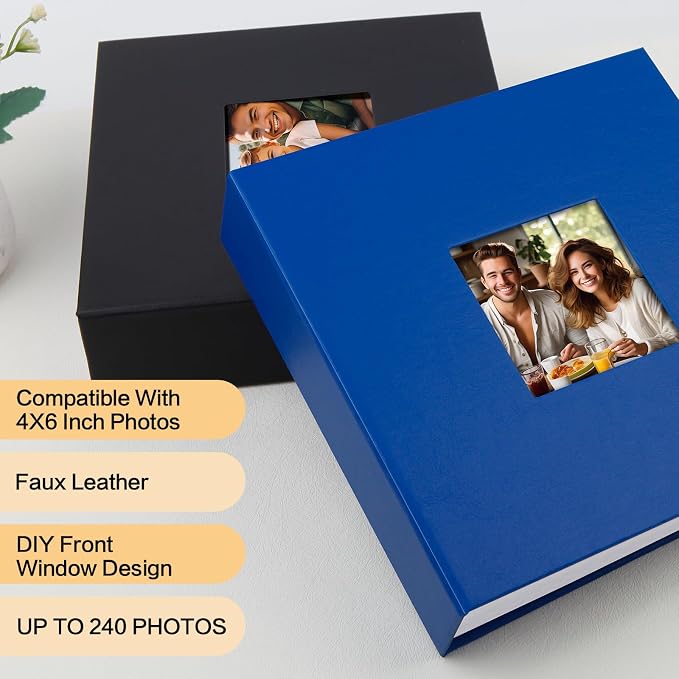 4x6 Photo Album Holds 240 Photos Writing Space, PU Leather, Blue | Clear Acid-Free Sleeves, Memo Writing Areas, Front Display Window, Baby, Wedding, Travel & Family Picture Keepsakes - Image 2