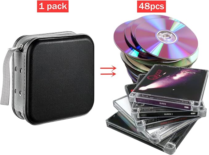 LIOVODE DVD Case, 48 Capacity Hard Plastic CD Case Holder for Car | DVD Storage, Hand Strap, Zipper Closure, Scratch-Resistant Sleeves, CD Storage for Music Blu-Ray Game Disc for Travel Office - Image 2