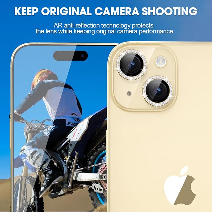 for iPhone 15/15 Plus Camera Lens Protector Bling Diamond, Yellow | Individual Metal, 9H Hardness, Scratch Resistant, Shockproof, Drop Protection, Case Friendly, Stylish Accessories - Image 4
