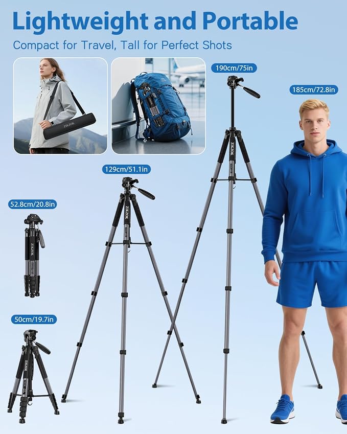 75" Camera Tripod Stand, Heavy Duty with Remote for DSLR iPad iPhone | Aluminum Tripod 20% taller, Foldable 2.9lb, Remote & Carry Bag, 15lb Load, for Sony Canon Nikon Phone Tablet Spotting Scope - Image 4
