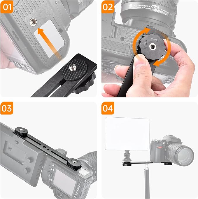 8 inch Flash Bracket, with 1/4" Screw Hot Shoe, 1 Pack | Dual Camera Mount Flash Bracket Extension Bar, Straight Flash Brackets Tripod Mount for DSLR Camera LED Light, Black - Image 5
