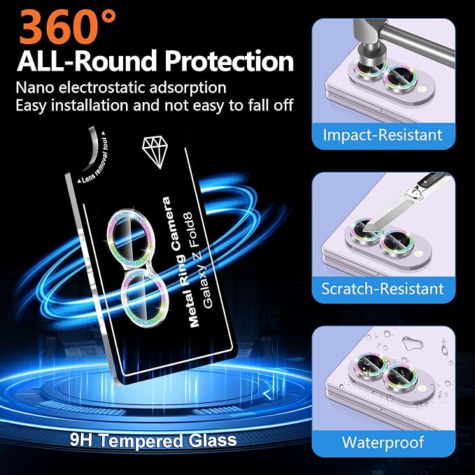 for Samsung Galaxy Z Fold 8 Camera Lens Protector, Individual Metal Ring Tempered Glass Lens Cover, [Strong Adsorption] Scratch Resistant Ultra-Thin HD Clear Lens Cover, Colorful Sparkly - Image 2
