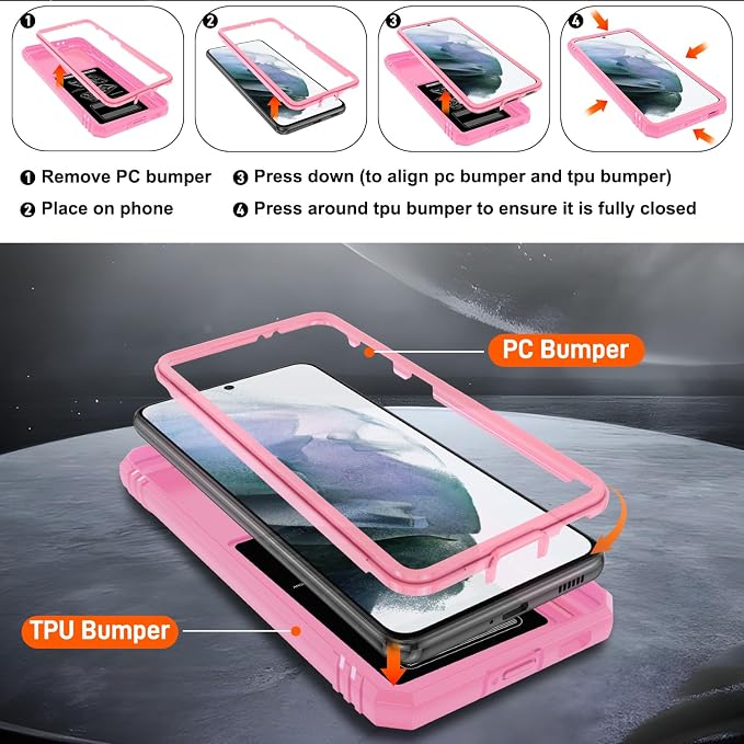 Gritup for Galaxy S21 Phone Case Military-Grade Shockproof with Kickstand | with 2 PCS Screen Protector, Slide Camera Cover, Heavy Duty Outdoor Protection Full Body Funda para Galaxy S 21 Cover-Pink - Image 4